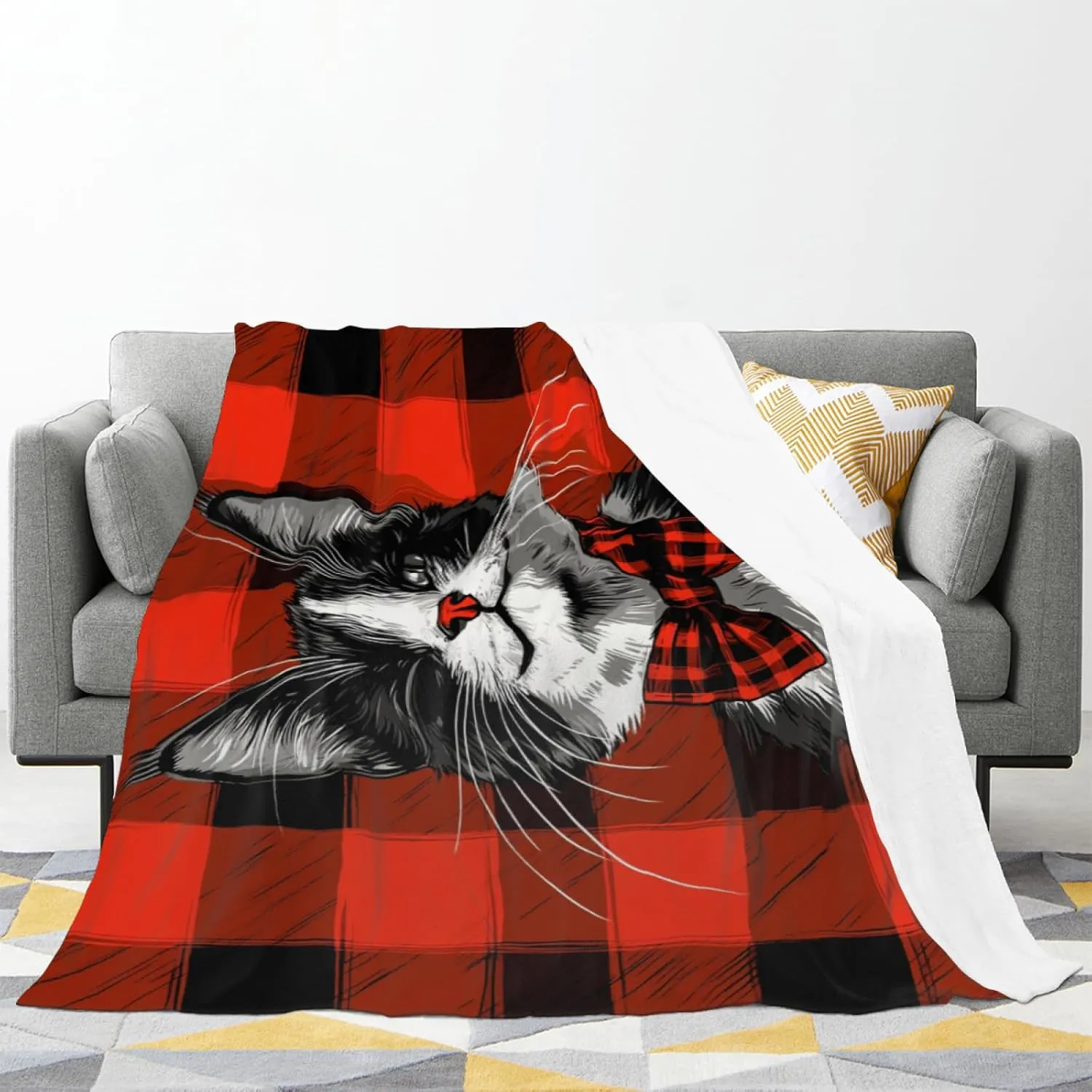 Tuxedo Cat Throw Blanket, Red and Black Plaid Christmas Blanket, Fuzzy Fluffy Soft Cozy Flannel Fleece Blanket, for Couch Bed Sofa and Travel, All-Season 50x60 Inch