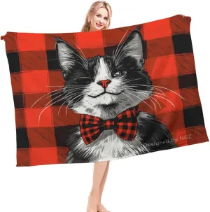 Tuxedo Cat Throw Blanket, Red and Black Plaid Christmas Blanket, Fuzzy Fluffy Soft Cozy Flannel Fleece Blanket, for Couch Bed Sofa and Travel, All-Season 50x60 Inch