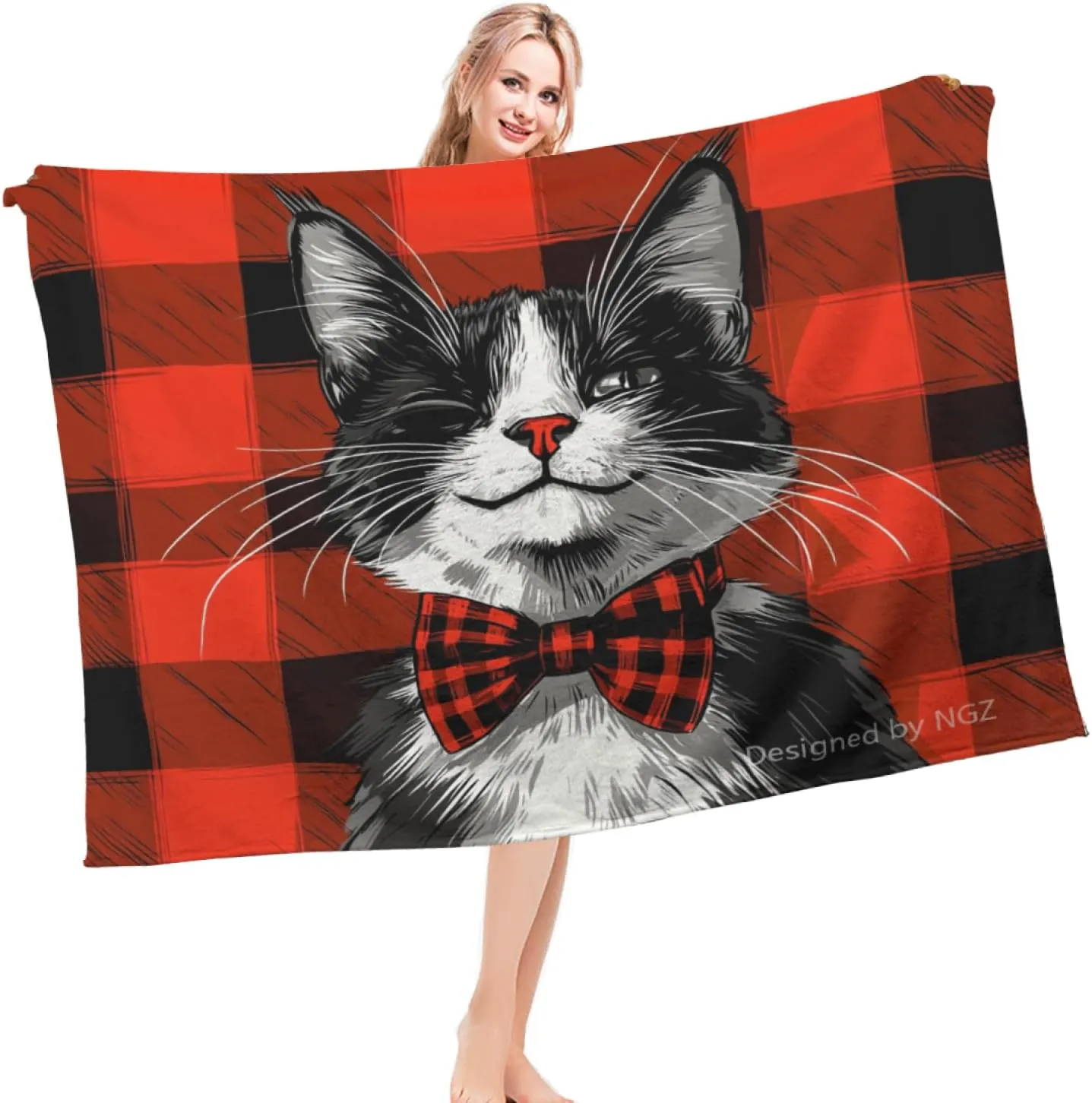Tuxedo Cat Throw Blanket, Red and Black Plaid Christmas Blanket, Fuzzy Fluffy Soft Cozy Flannel Fleece Blanket, for Couch Bed Sofa and Travel, All-Season 50x60 Inch