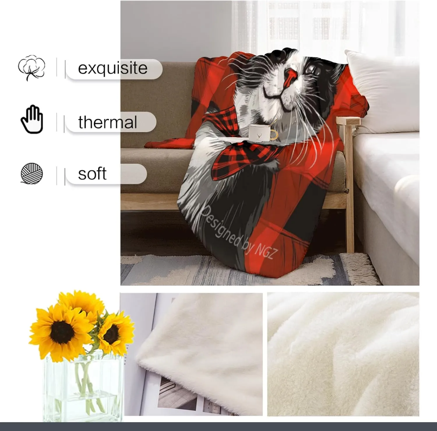 Tuxedo Cat Throw Blanket, Red and Black Plaid Christmas Blanket, Fuzzy Fluffy Soft Cozy Flannel Fleece Blanket, for Couch Bed Sofa and Travel, All-Season 50x60 Inch