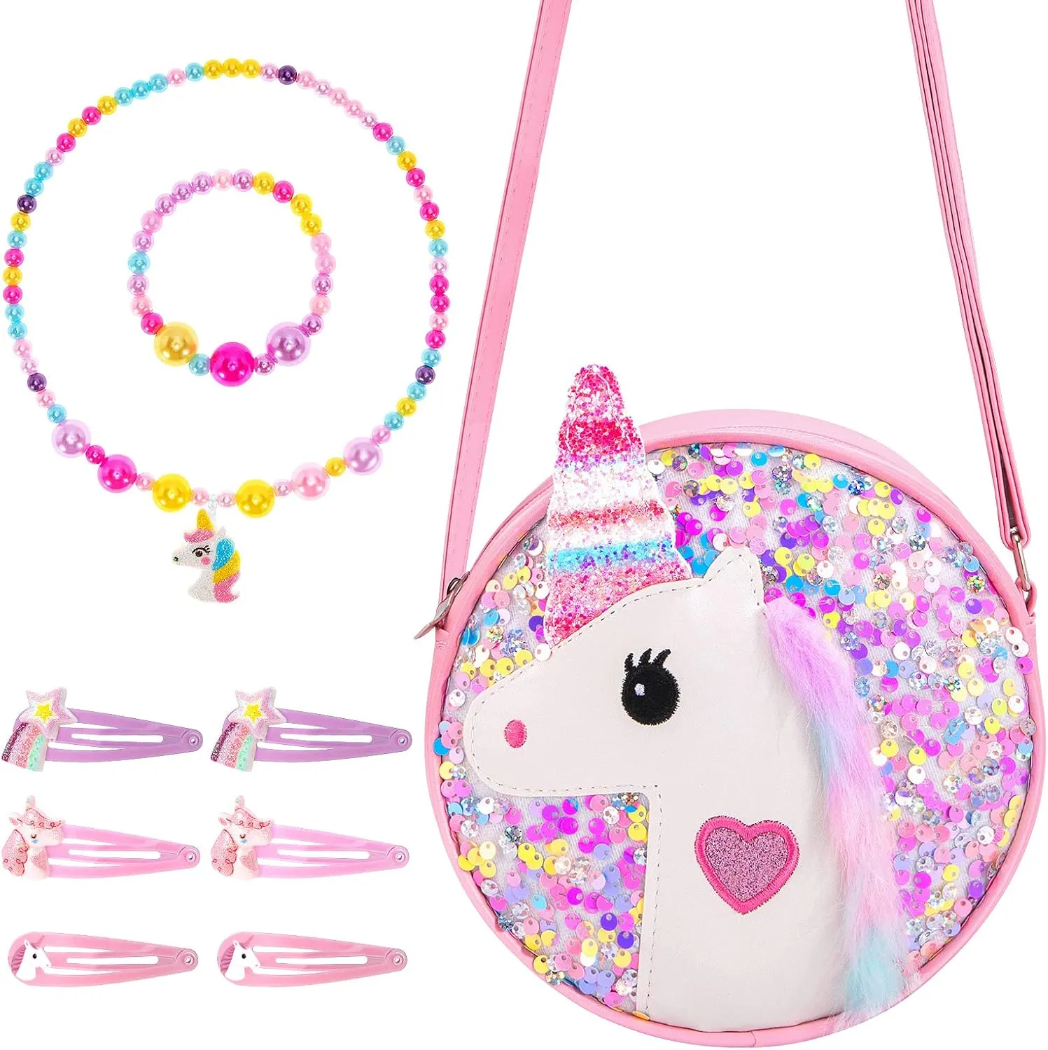 Unicorn Crossbody Bag with Jewellery Set, Little Girl Glitter Handbag Necklace Bracelet Hair Clips Accessories Set Princess Jewelry Party Favors Gift Dress Up