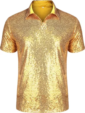 URRU Men's Relaxed Short Sleeve Turndown Sparkle Sequins Polo Shirts 70s Disco Nightclub Party T-Shirts Tops Gold XXL