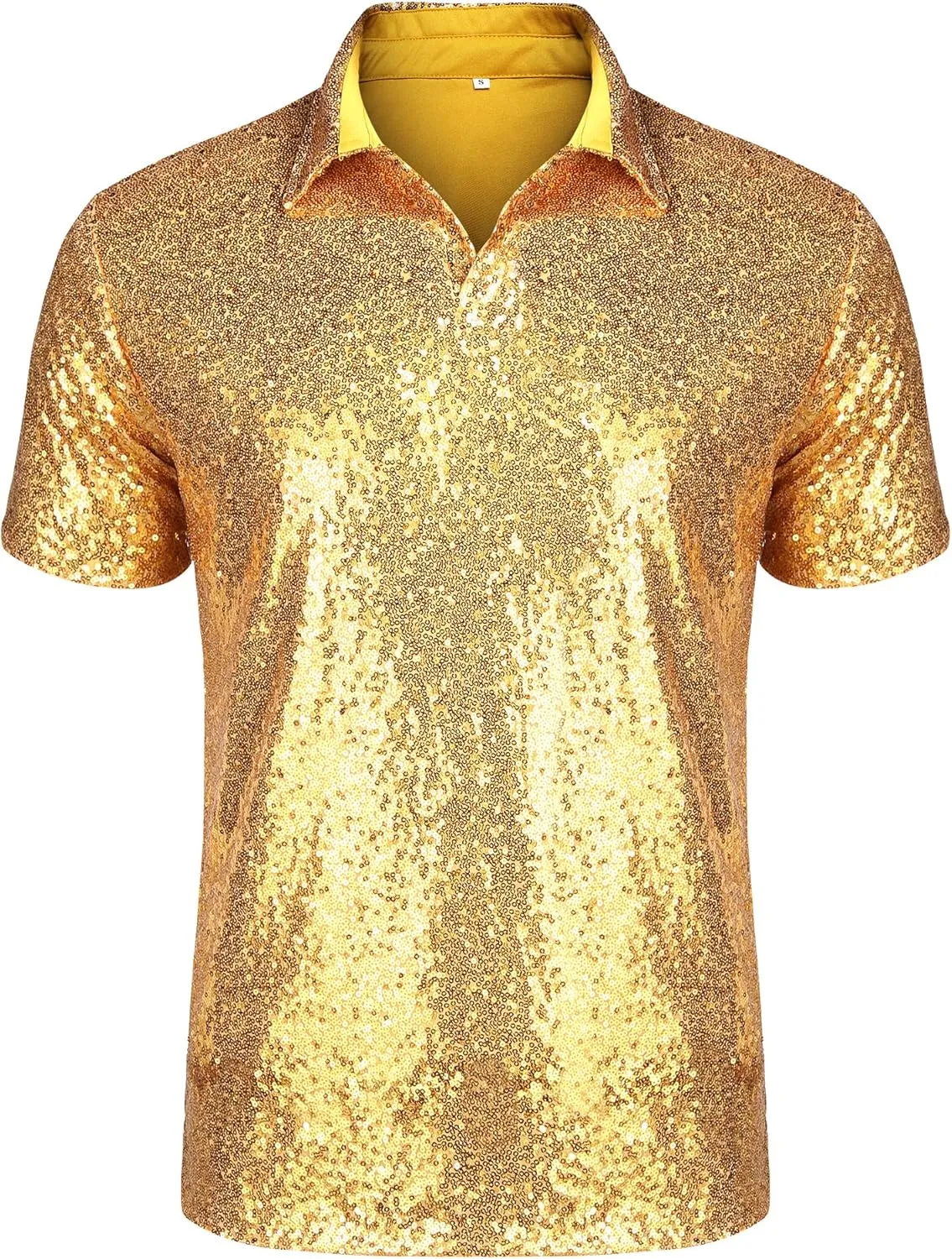 URRU Men's Relaxed Short Sleeve Turndown Sparkle Sequins Polo Shirts 70s Disco Nightclub Party T-Shirts Tops Gold XXL