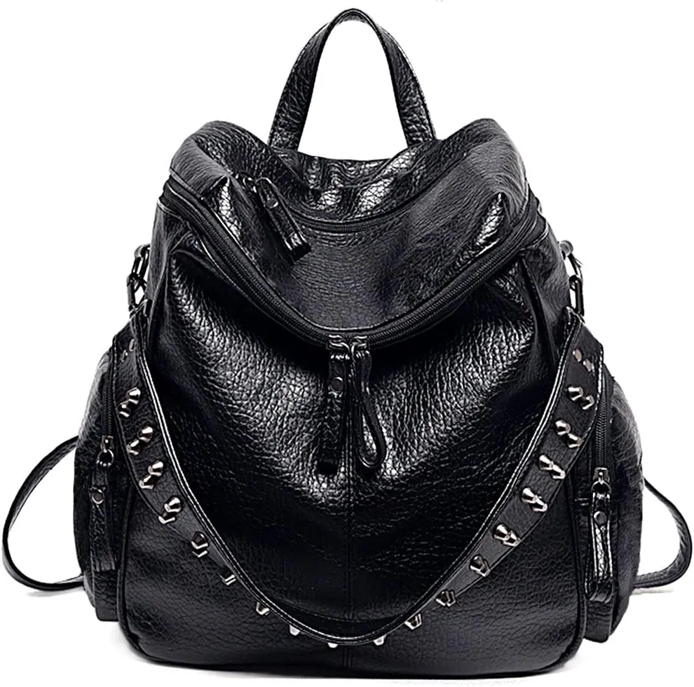 UTO Women Backpack Purse PU Washed Leather Rivet Studded Convertible Ladies Rucksack Shoulder Bag