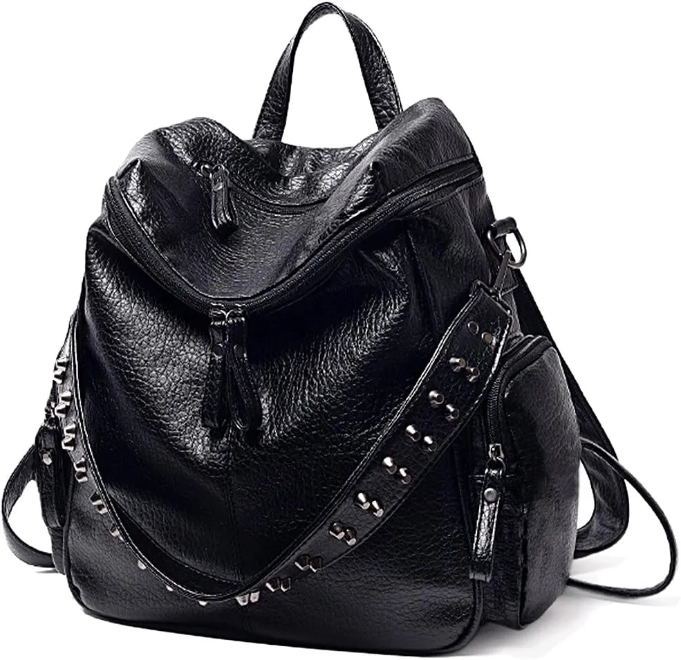 UTO Women Backpack Purse PU Washed Leather Rivet Studded Convertible Ladies Rucksack Shoulder Bag