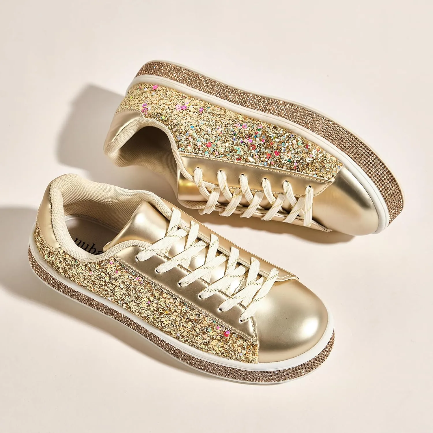 UUBARIS Women's Glitter Tennis Sneakers Neon Dressy Sparkly Sneakers Rhinestone Bling Wedding Bridal Shoes Shiny Sequin Shoes