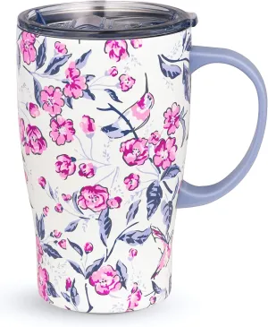 Vera Bradley Insulated Coffee Mug with Handle, 18 Ounce Stainless Steel Tumbler with Lid, Pink Floral Metal Thermal Cup, Hummingbird Ditsy