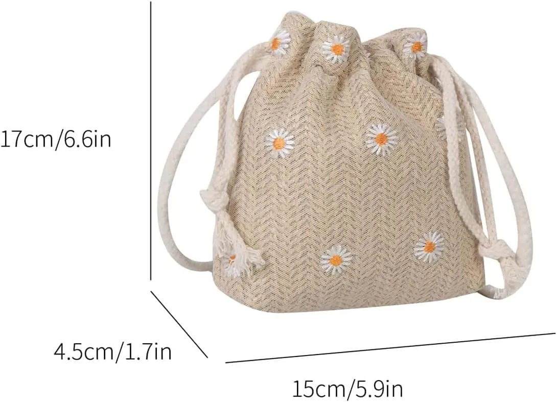 Verdusa Women's Straw Woven Drawstring Crossbody Purse Floral Embroidery Mini Bucket Bag
