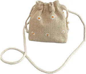 Verdusa Women's Straw Woven Drawstring Crossbody Purse Floral Embroidery Mini Bucket Bag