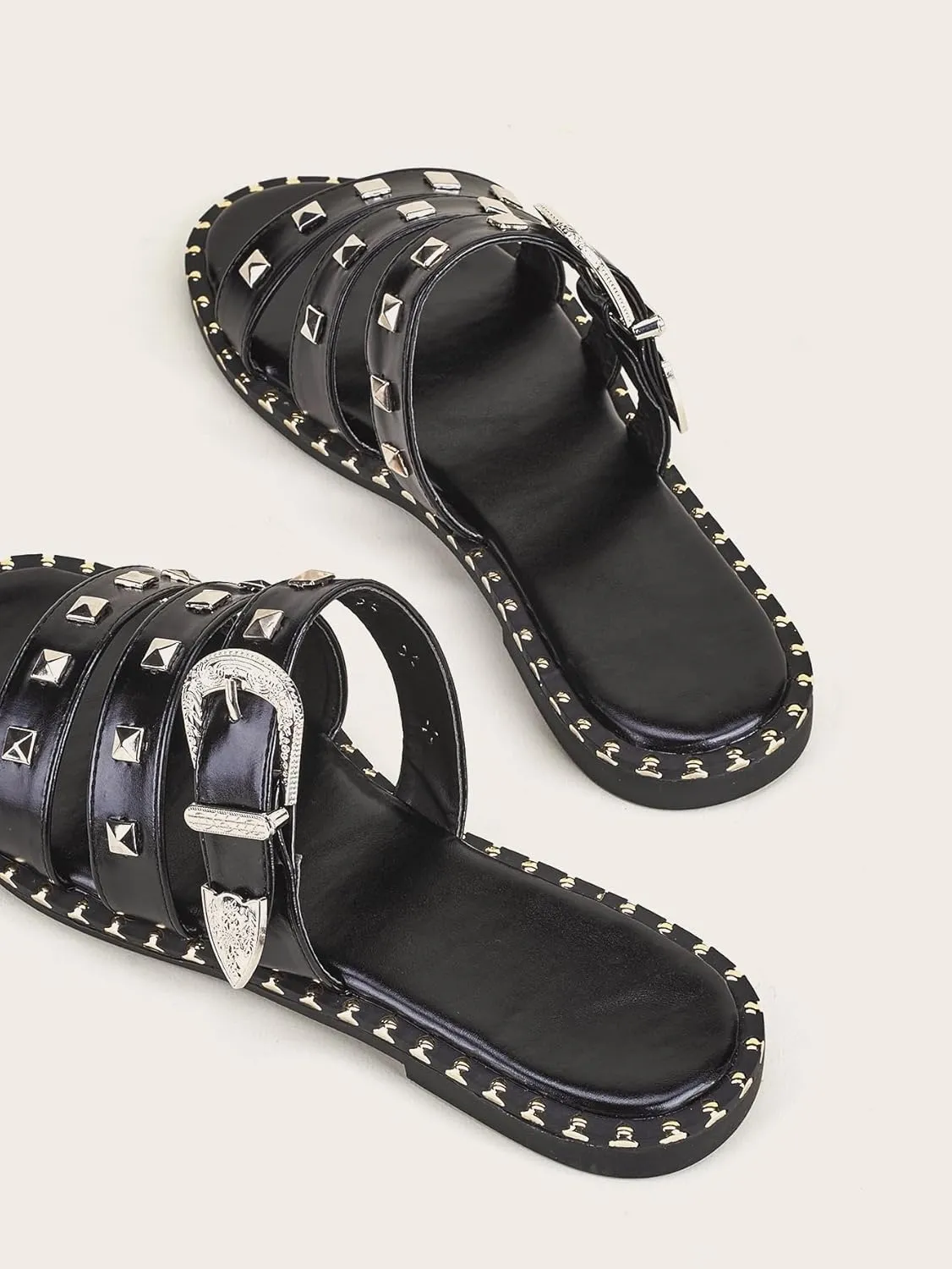 Verdusa Women's Studded Slide Sandals Punk Rivet Buckle Slip On Flats Sandals