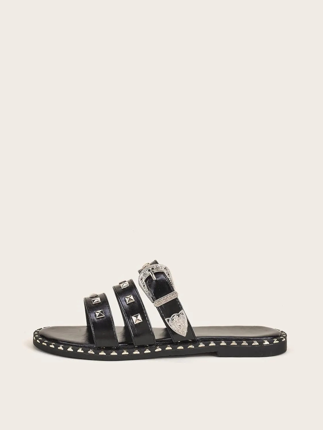 Verdusa Women's Studded Slide Sandals Punk Rivet Buckle Slip On Flats Sandals
