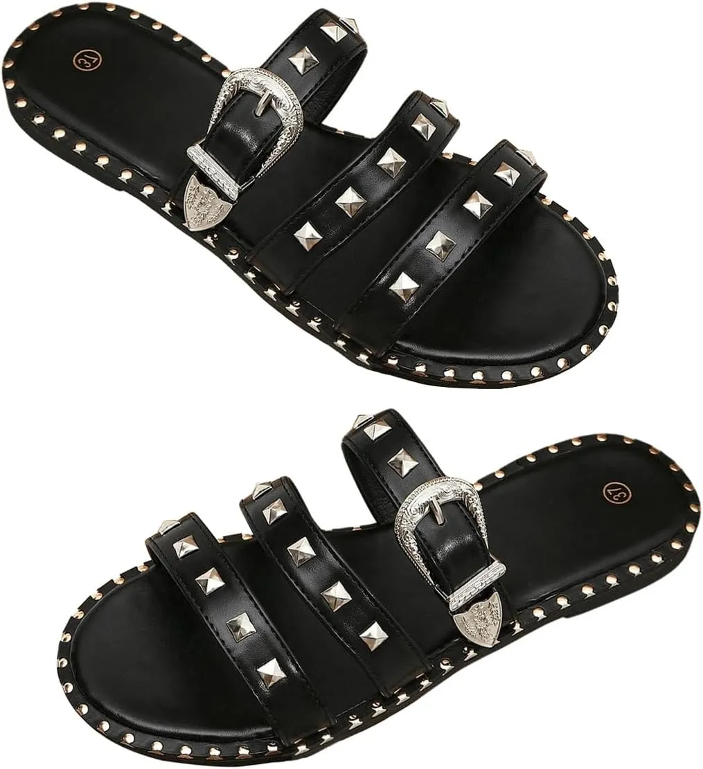 Verdusa Women's Studded Slide Sandals Punk Rivet Buckle Slip On Flats Sandals