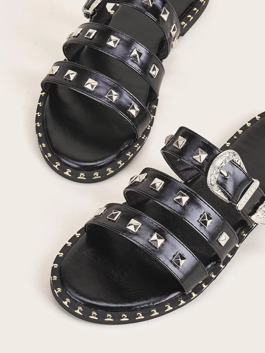 Verdusa Women's Studded Slide Sandals Punk Rivet Buckle Slip On Flats Sandals