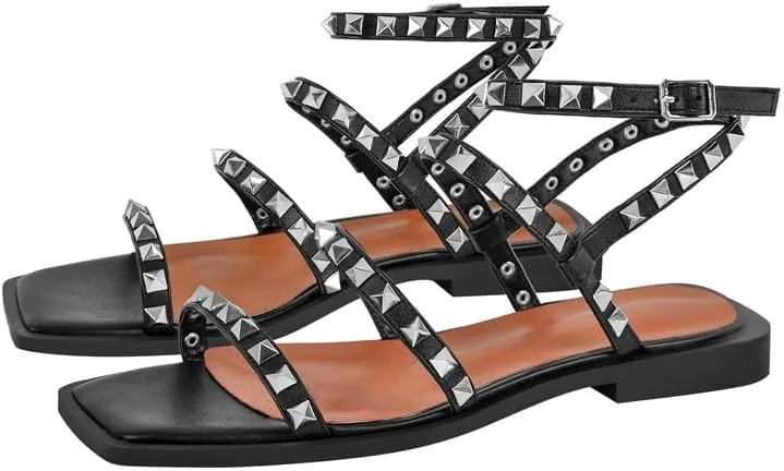 VERISSON Flat Sandals with Buckle Strap for Women Square Toe PU Leather Casual Comfortable Rivets Studded Ballerina Shoes