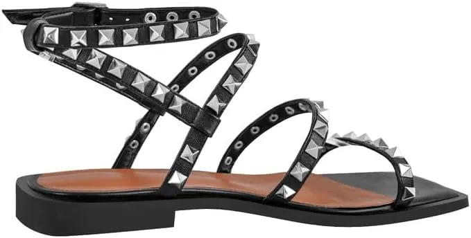 VERISSON Flat Sandals with Buckle Strap for Women Square Toe PU Leather Casual Comfortable Rivets Studded Ballerina Shoes