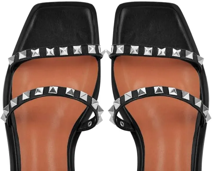 VERISSON Flat Sandals with Buckle Strap for Women Square Toe PU Leather Casual Comfortable Rivets Studded Ballerina Shoes