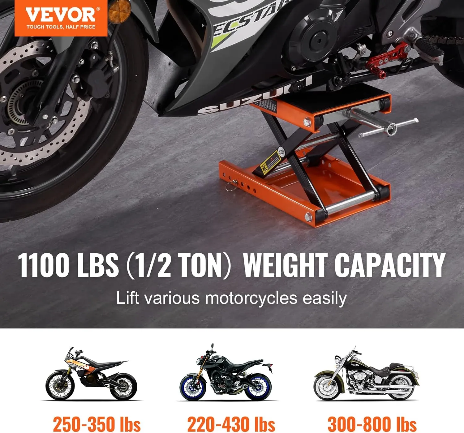 VEVOR Motorcycle Lift, 1100 LBS Motorcycle Scissor Lift Jack with Wide Deck & Safety Pin, 3.7"-13.8" Center Hoist Crank Stand, Steel Scissor Jack for Street Bikes, Cruiser Bikes, Touring Motorcycles