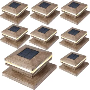 Viewsun 8 Pack Solar Post Cap Lights, Outdoor Fence Post Lights, Solar Powered Wood Grain Shell Caps for Deck, Patio Decor, Warm White High Brightness SMD LED Lamp Fits for 4x4 or 6x6 Wooden Posts