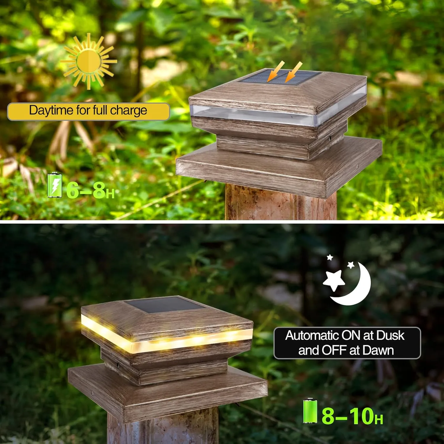 Viewsun 8 Pack Solar Post Cap Lights, Outdoor Fence Post Lights, Solar Powered Wood Grain Shell Caps for Deck, Patio Decor, Warm White High Brightness SMD LED Lamp Fits for 4x4 or 6x6 Wooden Posts
