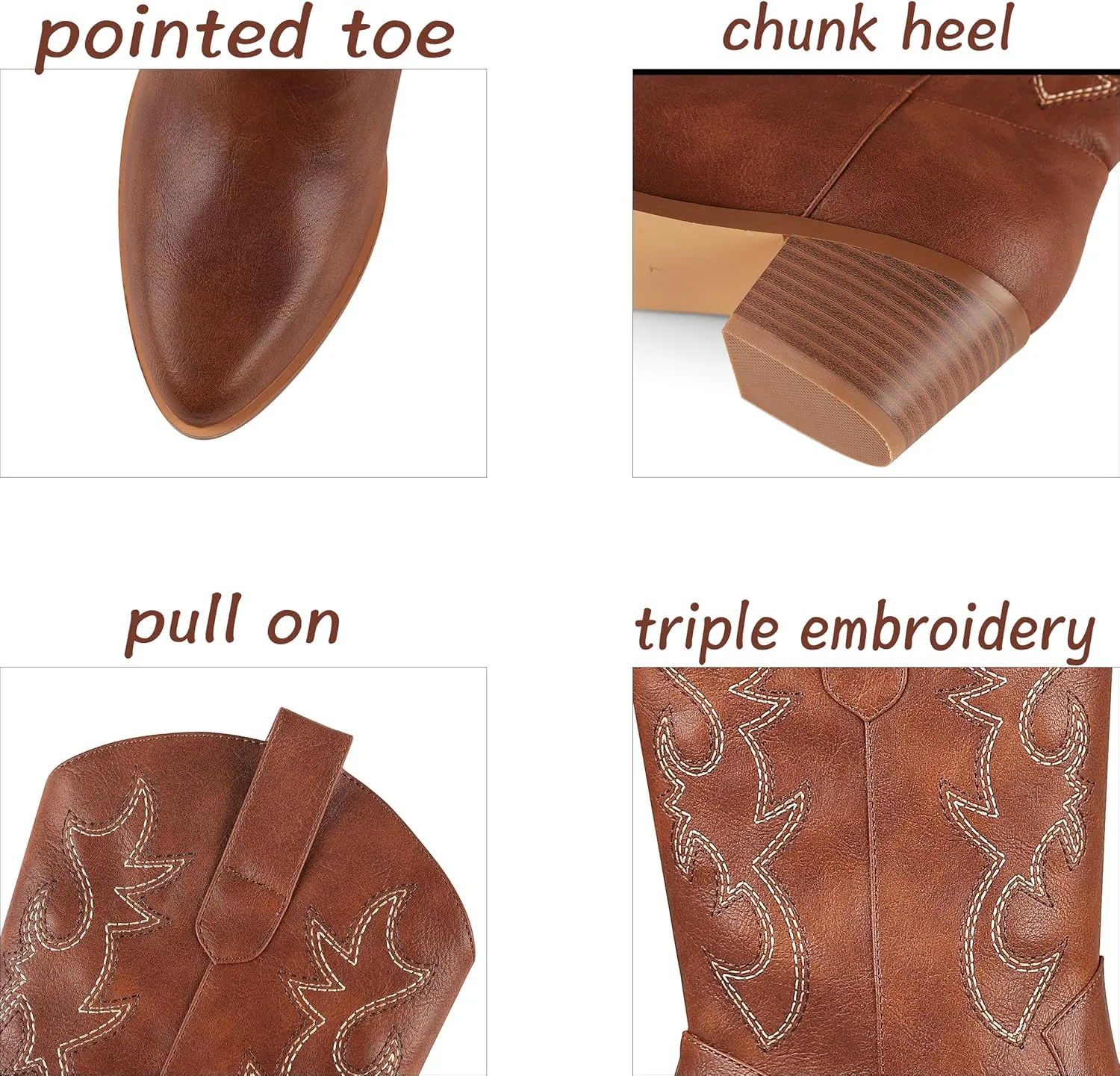 VIMISAOI Womens Cowboy Boots Comfortable Retro Pull On Pointed Toe Wide Calf Long Tall Block Chunky Heel Embroidered Western Cowgirl Mid Calf Boots