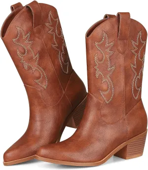 VIMISAOI Womens Cowboy Boots Comfortable Retro Pull On Pointed Toe Wide Calf Long Tall Block Chunky Heel Embroidered Western Cowgirl Mid Calf Boots