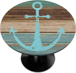 Vintage Anchor Wooden Circle Vinyl Tablecloth with Elastic Edged, Ocean Nautical Deck Waterproof Wipe Clean Table Cover for Outdoor Indoor Patio Kitchen Dining - Fits Tables 45" to 56" Diameter