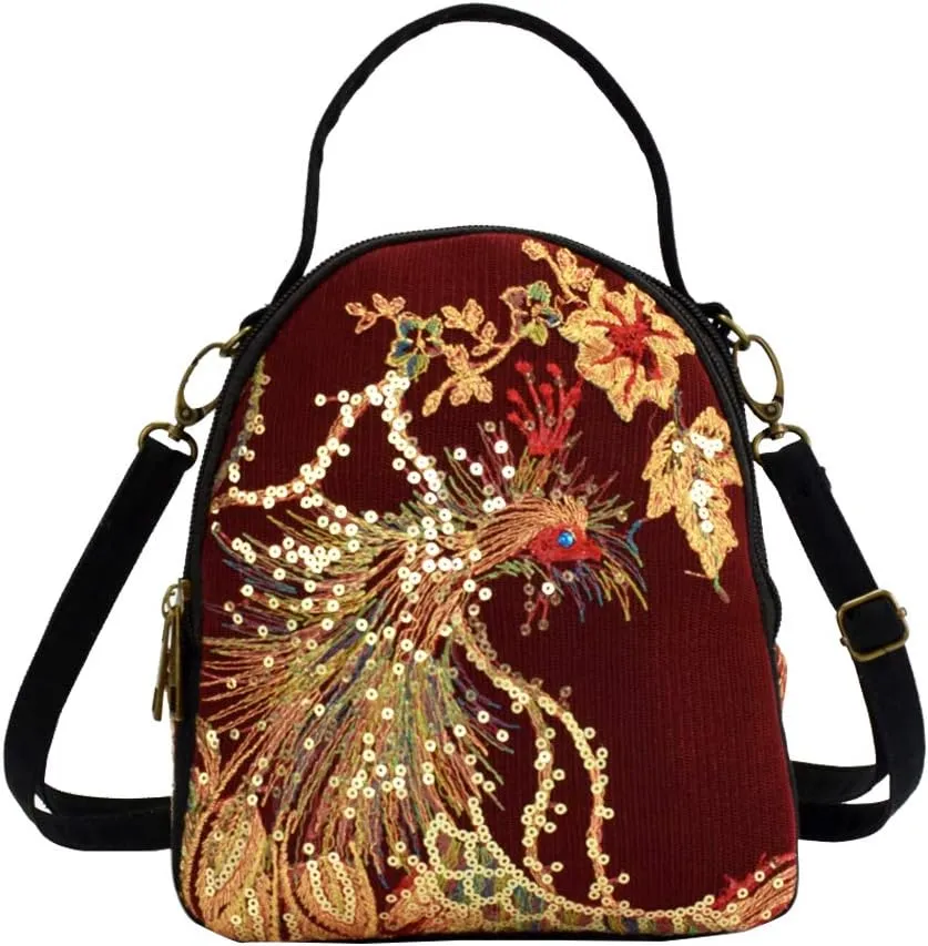 Vintage Canvas Boho Crossbody Purse Phoenix Sequin Shoulderbag for Women Cell Phone Wallets