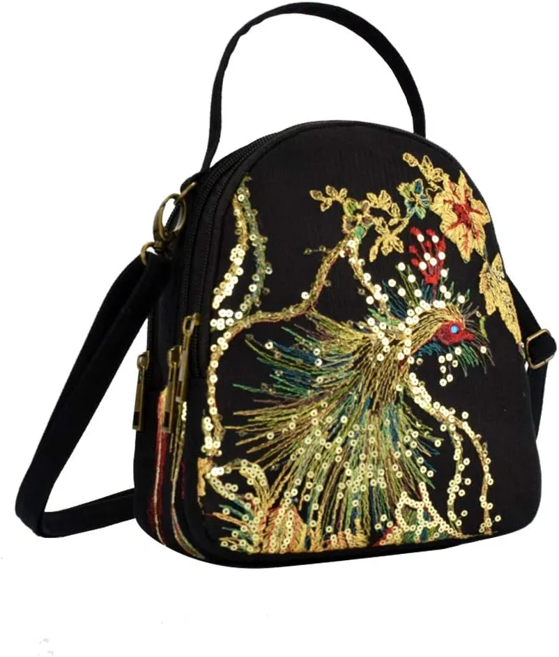 Vintage Canvas Boho Crossbody Purse Phoenix Sequin Shoulderbag for Women Cell Phone Wallets