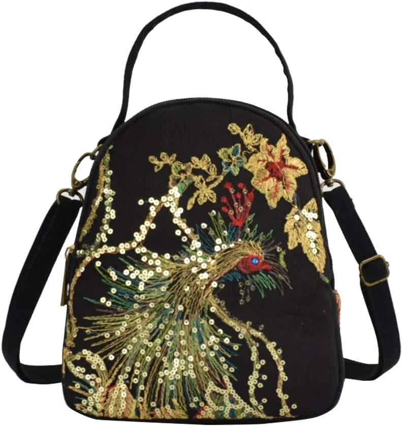 Vintage Canvas Boho Crossbody Purse Phoenix Sequin Shoulderbag for Women Cell Phone Wallets