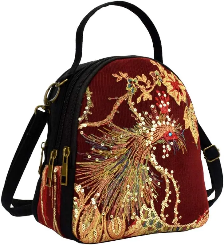 Vintage Canvas Boho Crossbody Purse Phoenix Sequin Shoulderbag for Women Cell Phone Wallets