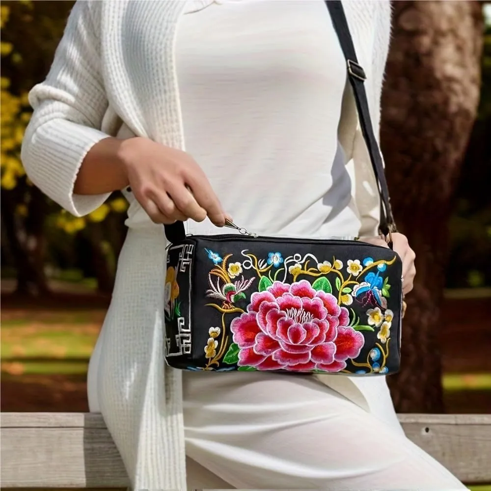 Vintage Ethnic Style Canvas Embroidered Crossbody Bag Inspired Shoulder Purse For Mobile Phones And Coins