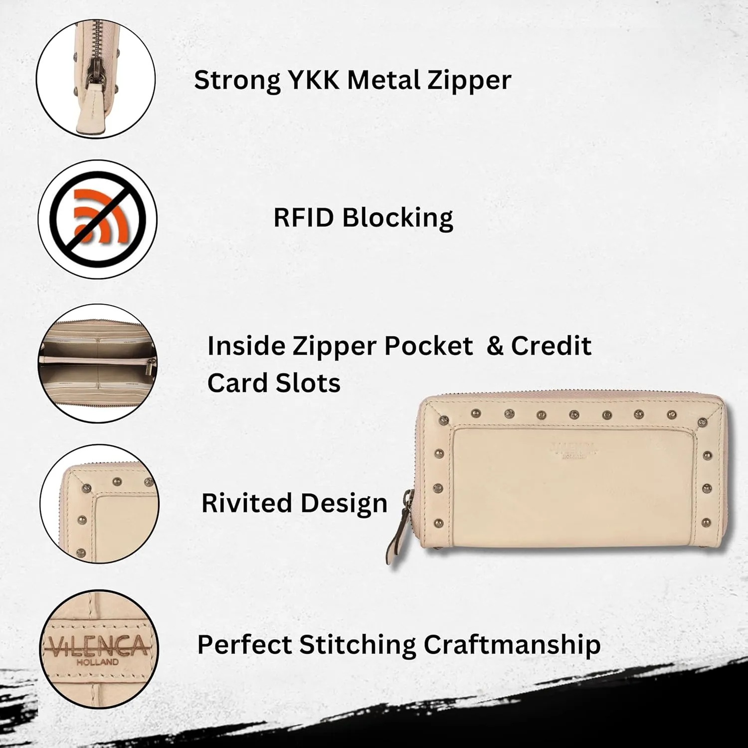 Vintage Genuine Italian Leather Boho Studded Wallet – Zipper Coin Purse & Credit Card Holder for Women (Beige)