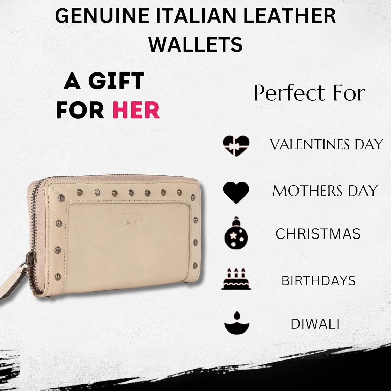 Vintage Genuine Italian Leather Boho Studded Wallet – Zipper Coin Purse & Credit Card Holder for Women (Beige)