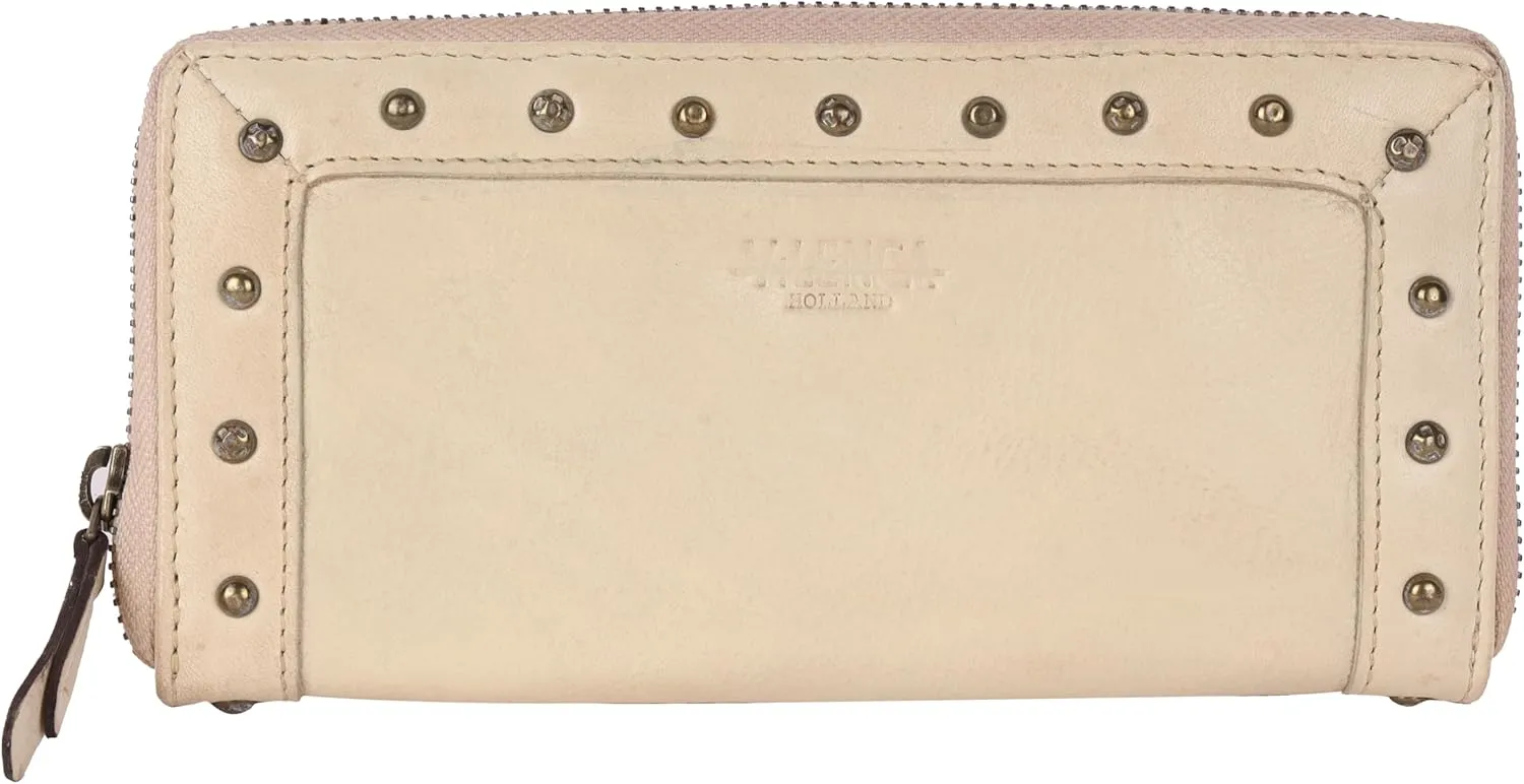 Vintage Genuine Italian Leather Boho Studded Wallet – Zipper Coin Purse & Credit Card Holder for Women (Beige)