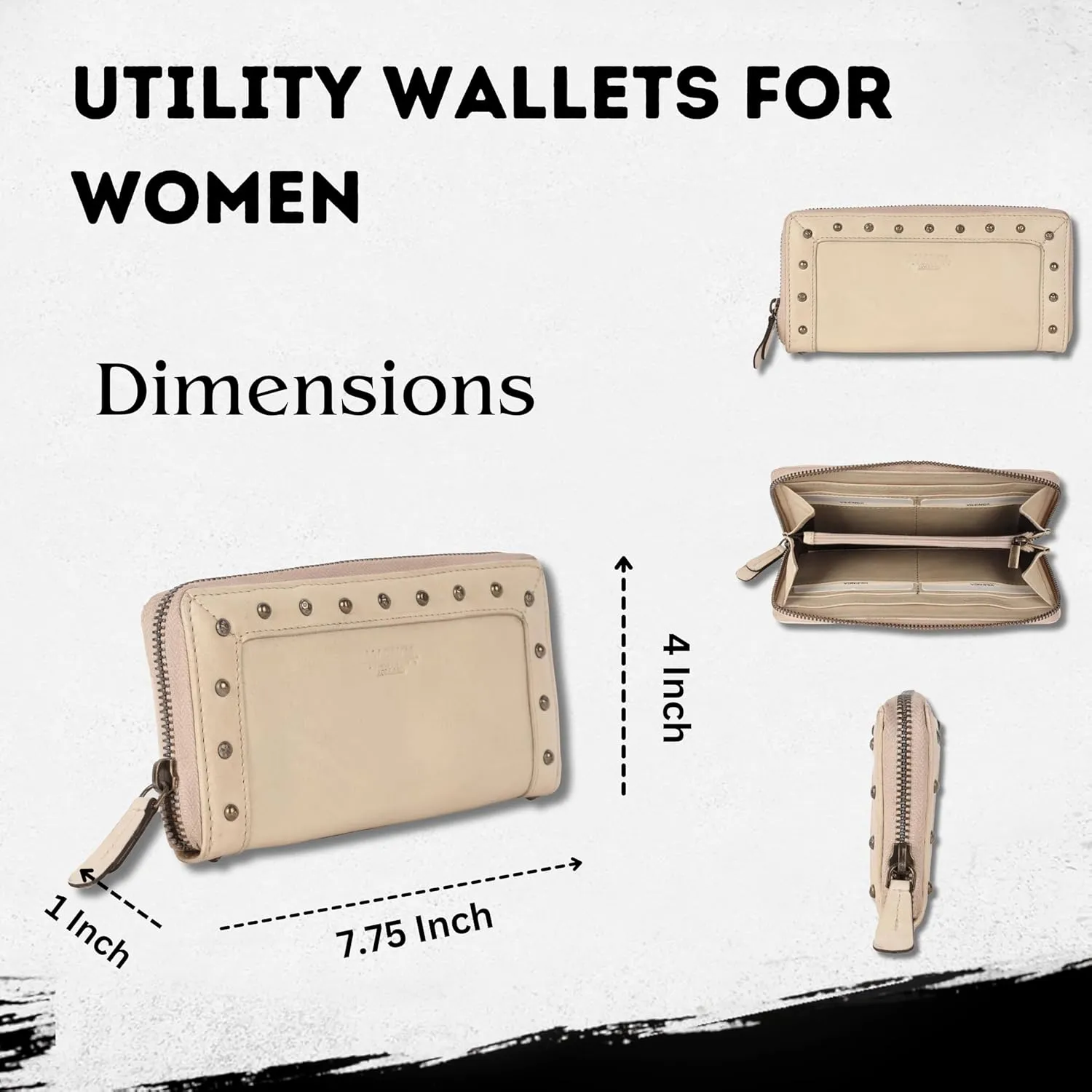 Vintage Genuine Italian Leather Boho Studded Wallet – Zipper Coin Purse & Credit Card Holder for Women (Beige)
