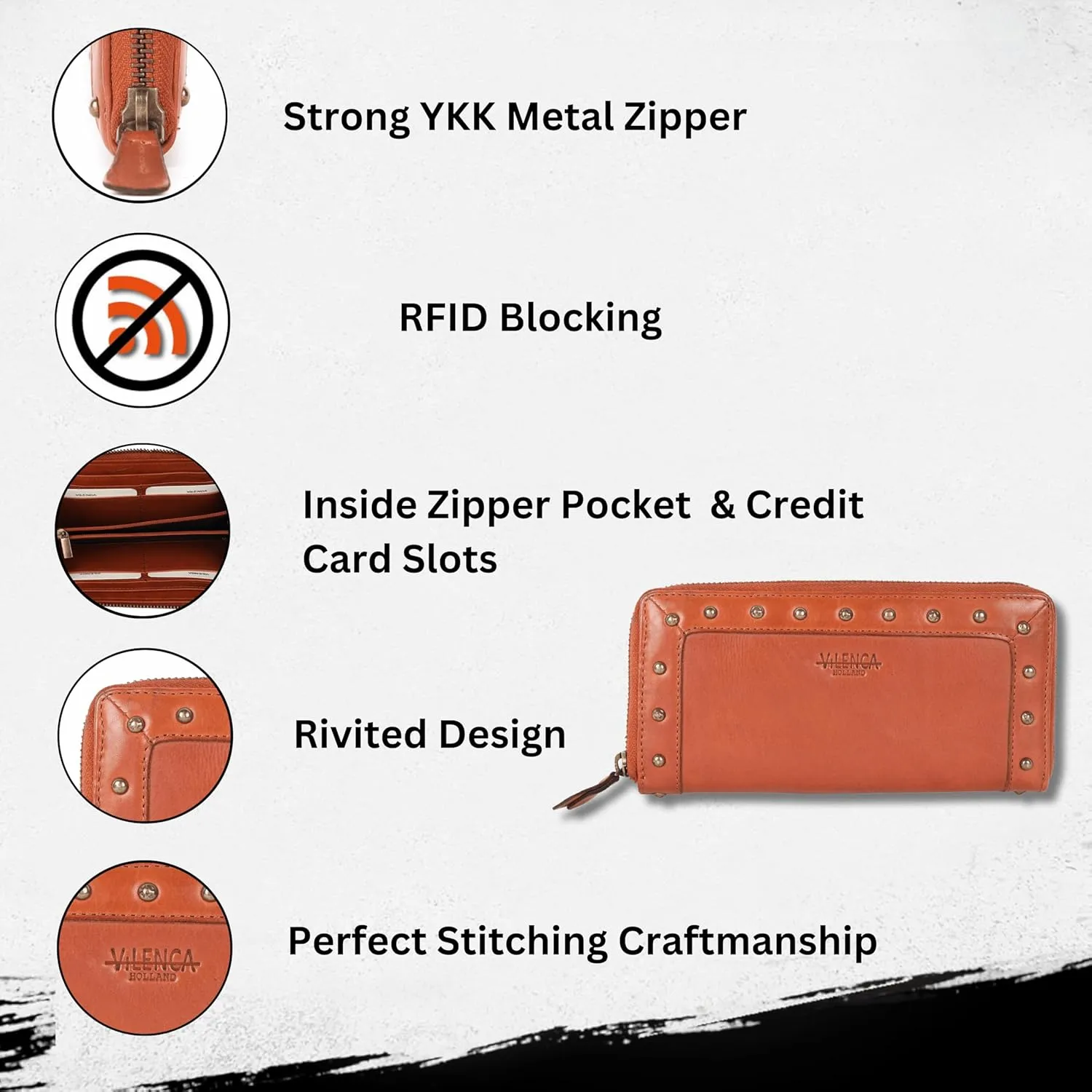 Vintage Genuine Italian Leather Boho Studded Wallet – Zipper Coin Purse & Credit Card Holder for Women (Cognac)