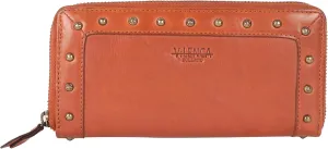 Vintage Genuine Italian Leather Boho Studded Wallet – Zipper Coin Purse & Credit Card Holder for Women (Cognac)