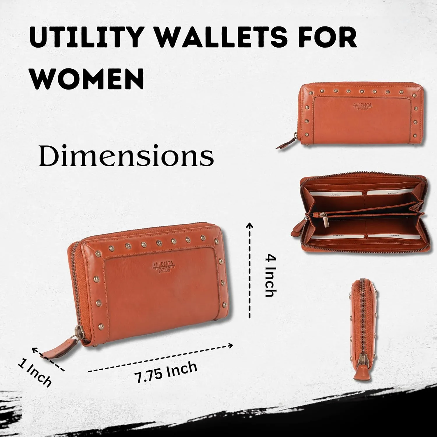 Vintage Genuine Italian Leather Boho Studded Wallet – Zipper Coin Purse & Credit Card Holder for Women (Cognac)
