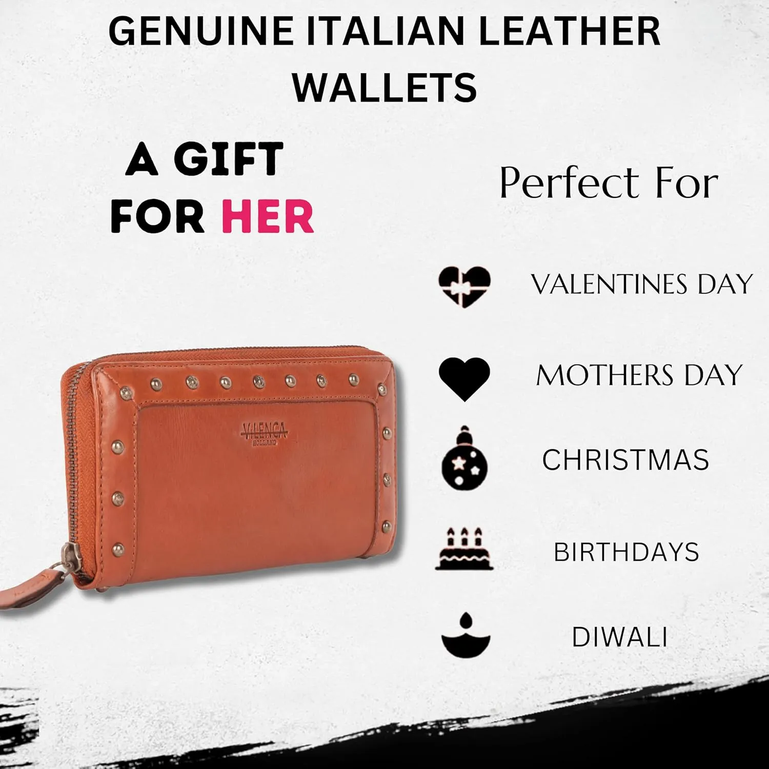 Vintage Genuine Italian Leather Boho Studded Wallet – Zipper Coin Purse & Credit Card Holder for Women (Cognac)