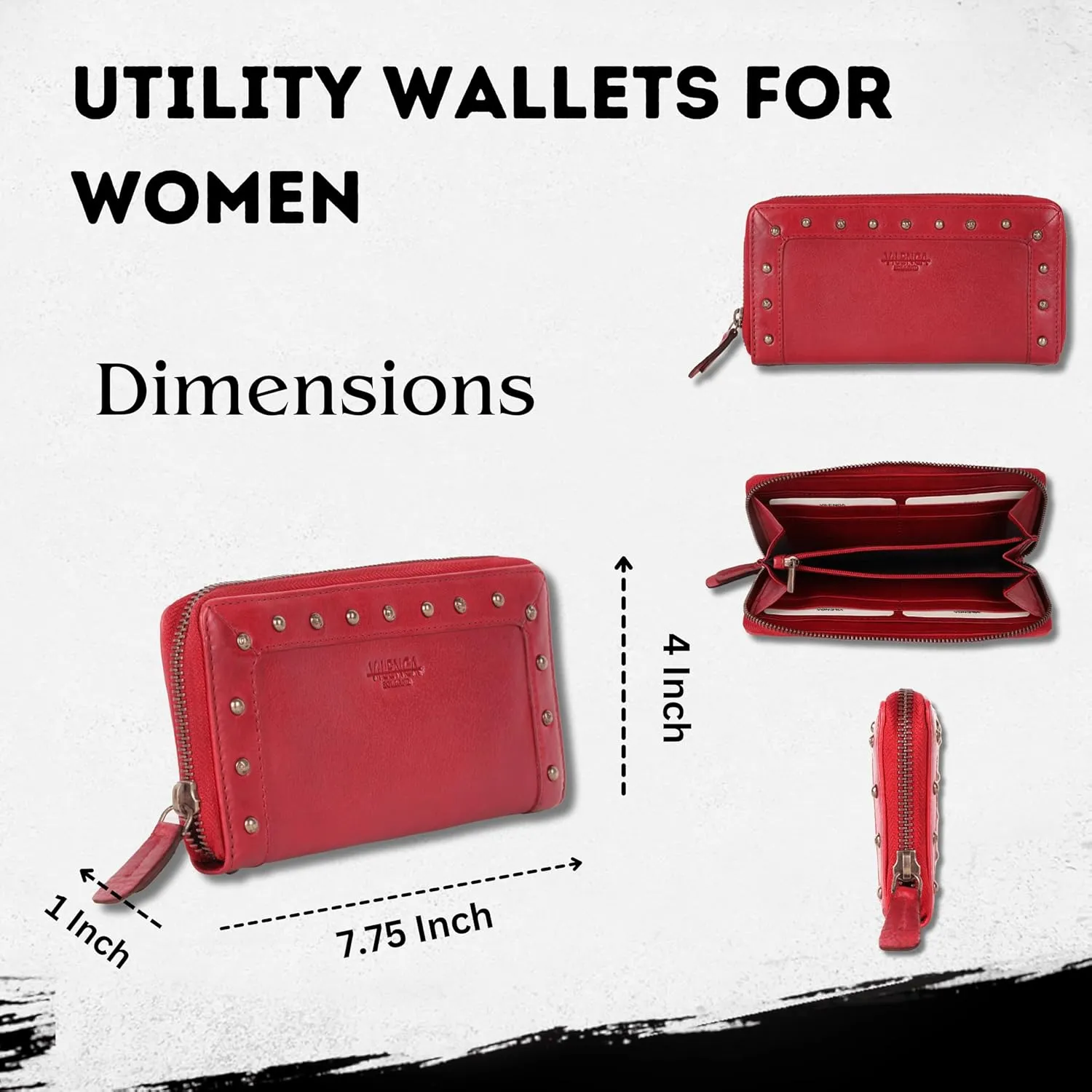 Vintage Genuine Italian Leather Boho Studded Wallet – Zipper Coin Purse & Credit Card Holder for Women (Red)
