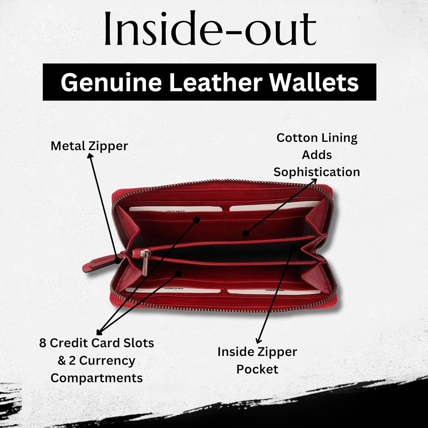 Vintage Genuine Italian Leather Boho Studded Wallet – Zipper Coin Purse & Credit Card Holder for Women (Red)
