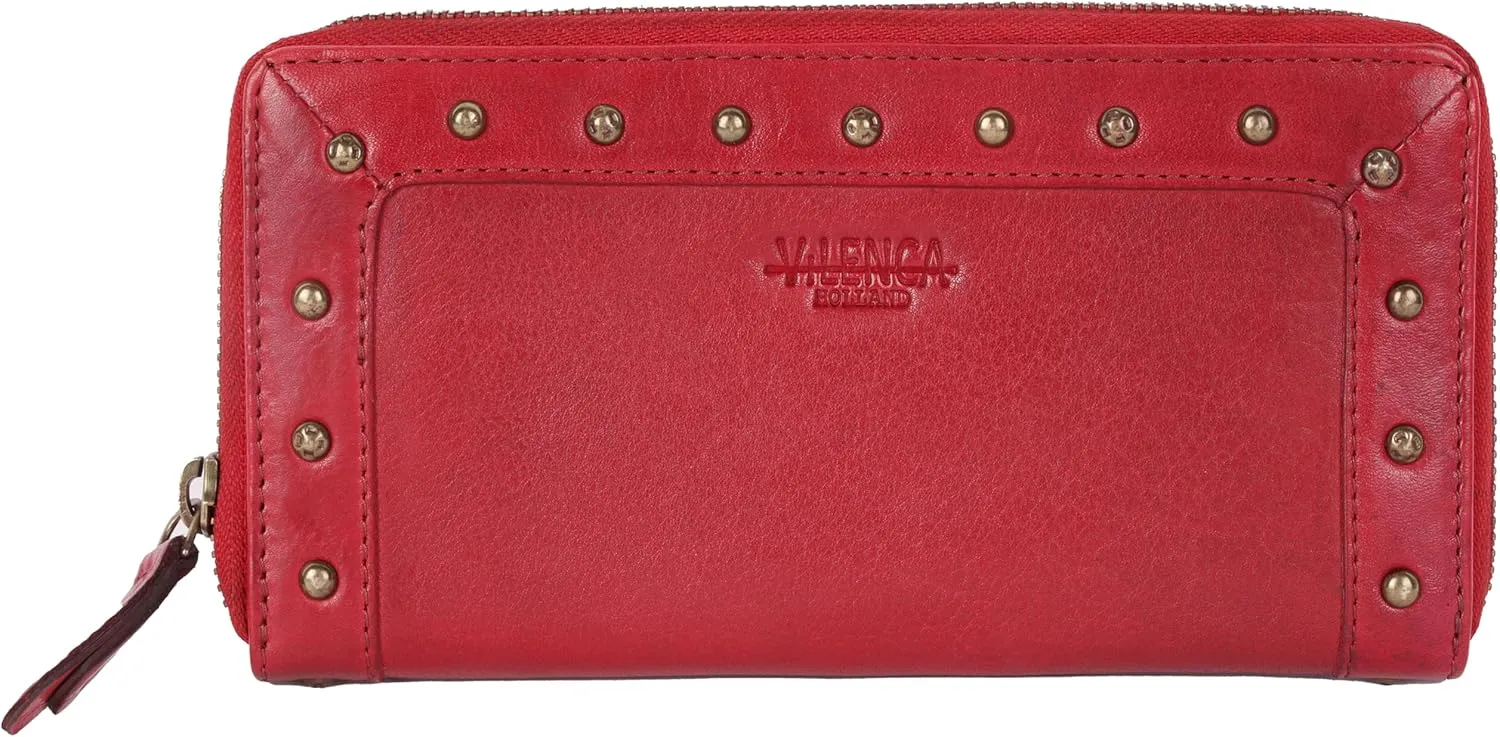 Vintage Genuine Italian Leather Boho Studded Wallet – Zipper Coin Purse & Credit Card Holder for Women (Red)