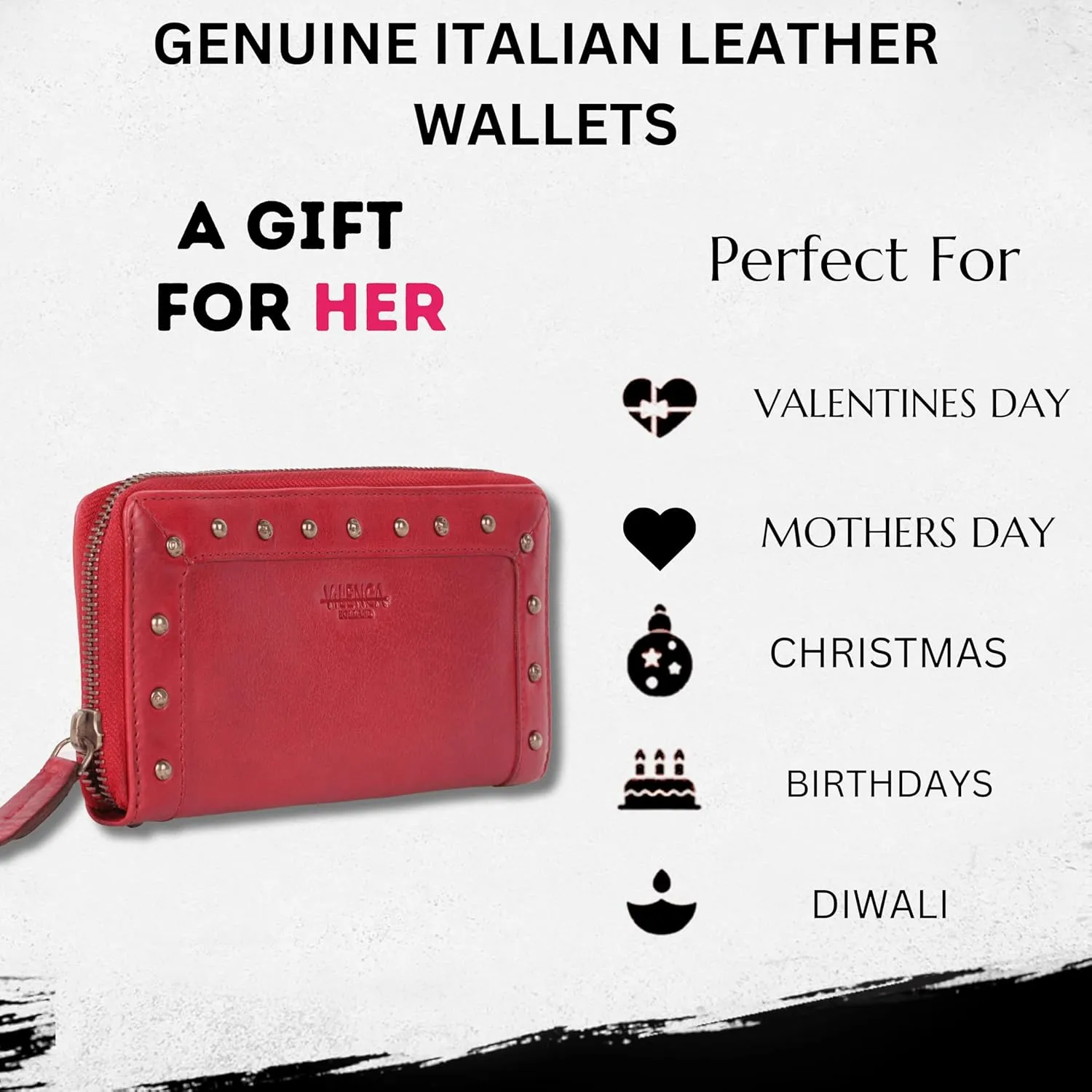 Vintage Genuine Italian Leather Boho Studded Wallet – Zipper Coin Purse & Credit Card Holder for Women (Red)