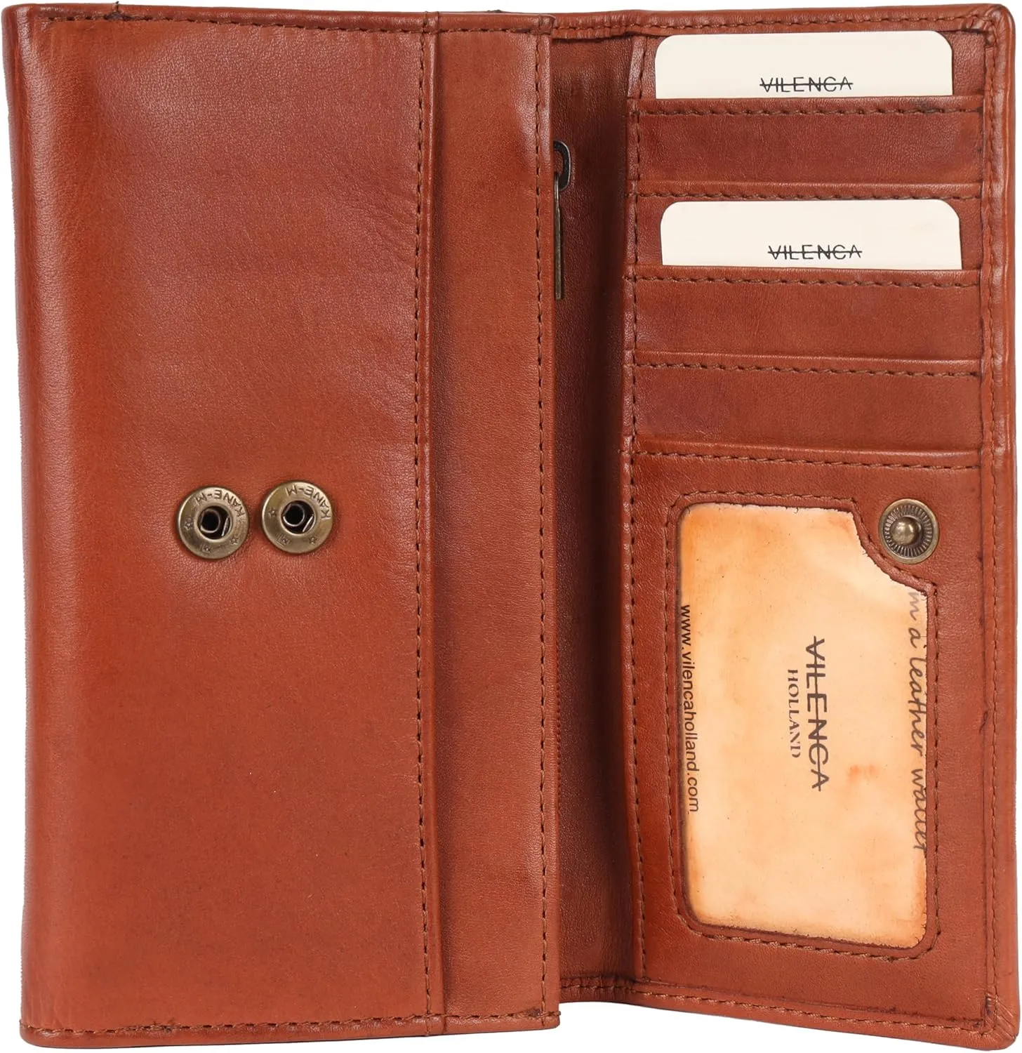 Vintage Italian Leather Boho Studded Trifold Wallet – Zipper Coin Purse & Credit Card Holder for Women (Cognac)