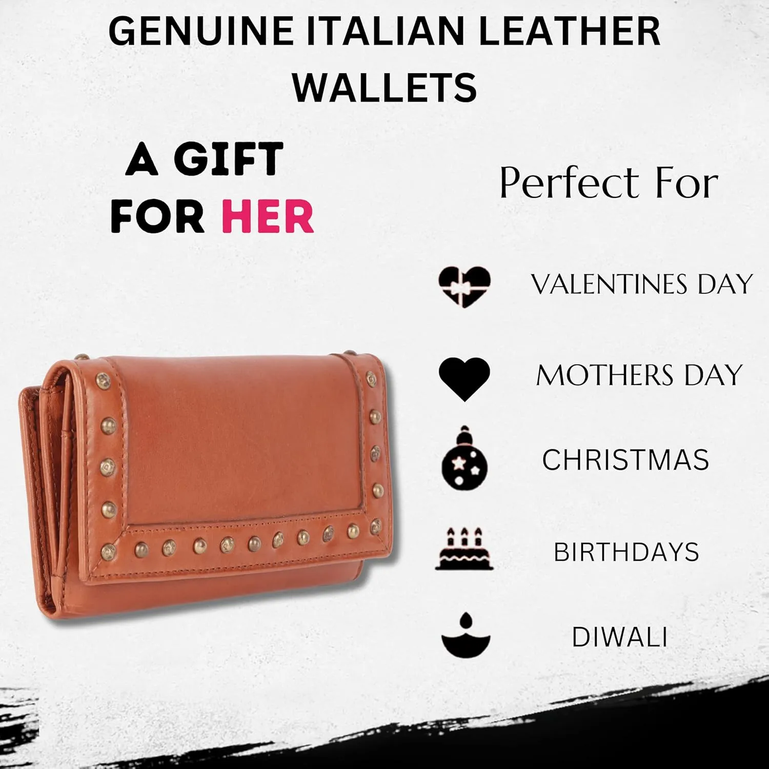 Vintage Italian Leather Boho Studded Trifold Wallet – Zipper Coin Purse & Credit Card Holder for Women (Cognac)