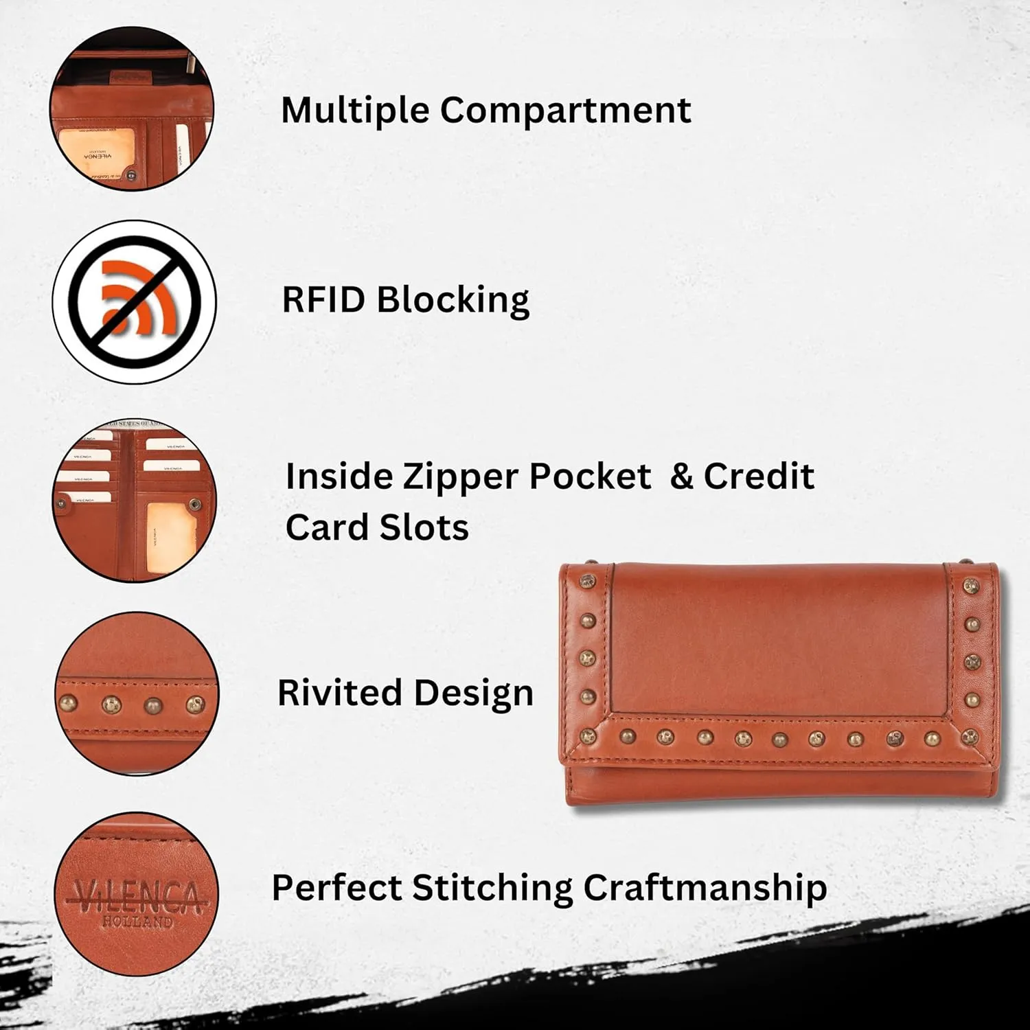 Vintage Italian Leather Boho Studded Trifold Wallet – Zipper Coin Purse & Credit Card Holder for Women (Cognac)