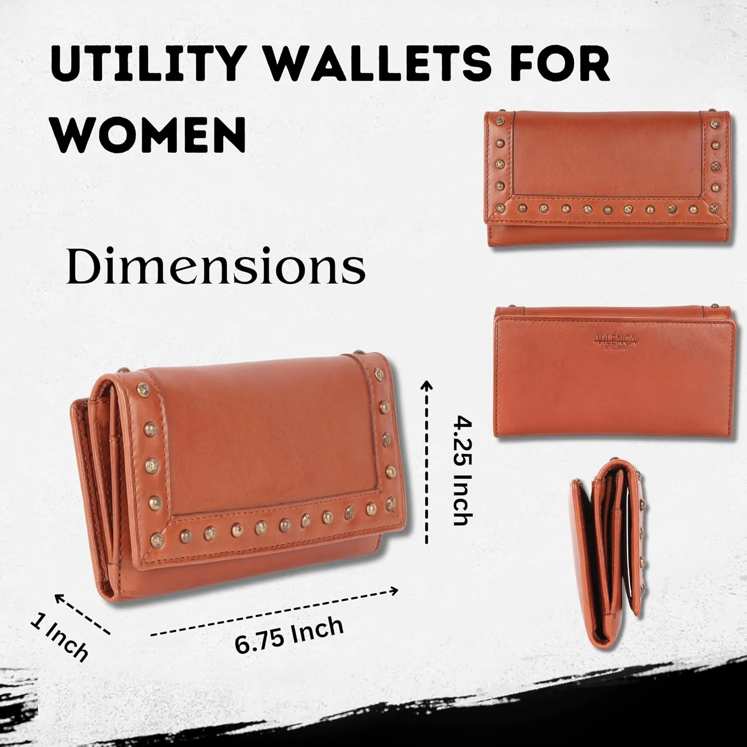 Vintage Italian Leather Boho Studded Trifold Wallet – Zipper Coin Purse & Credit Card Holder for Women (Cognac)