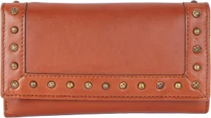 Vintage Italian Leather Boho Studded Trifold Wallet – Zipper Coin Purse & Credit Card Holder for Women (Cognac)