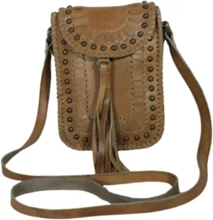 Vintage Style Leather Crossbody Bag, Brown Studded Handbag with Tassel, Western Design