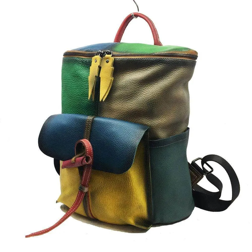 Vintage Women Genuine Leather Backpack Patchwork Double